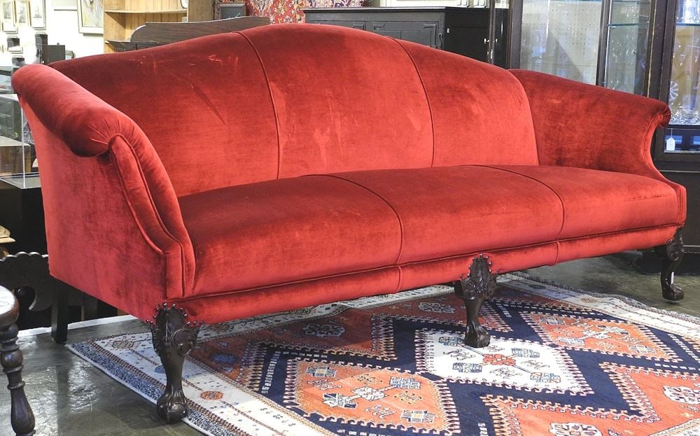 Red Velvet Ball & Claw Foot Sofa, 88".: Red Velvet Ball & Claw Foot Sofa, 88".