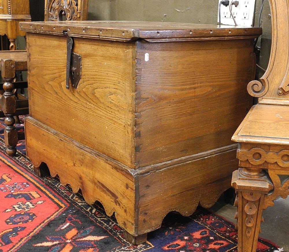 Old Chest Raised on Shaped Base with Iron Lock, 30 3/8"w. (1 of 3)