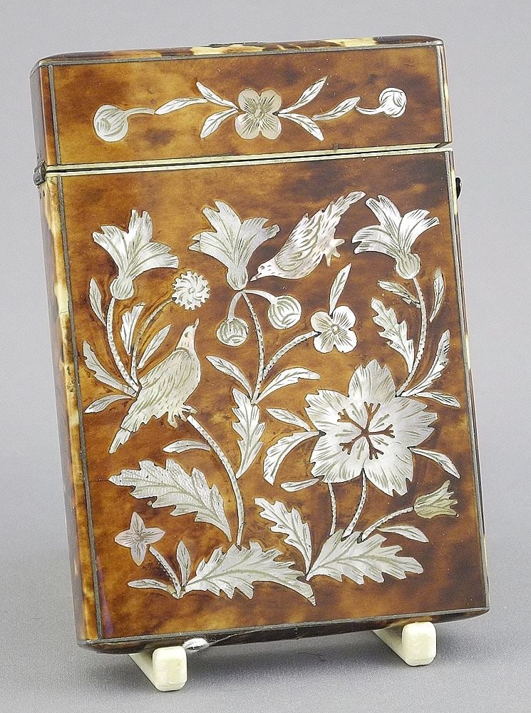 Tortoise Shell Card Case with Mother of Pearl Design, 3 3/4"h, NO EXPORT. (1 of 5)