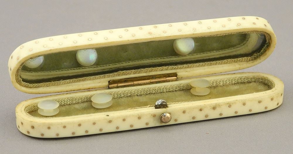 Ivory Tooth Pick Box with Gold Pique Work, 3 3/8"L., No Export.: Ivory Tooth Pick Box with Gold Pique Work, 3 3/8"L., No Export.