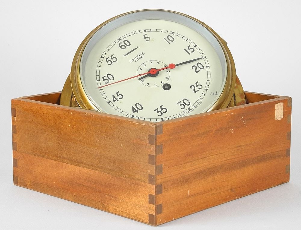 Brass Wall Clock 'Smith's Astral', 7 3/4" Face Diameter (lot includes key & half box).: Brass Wall Clock 'Smith's Astral', 7 3/4" Face Diameter (lot includes key & half box).