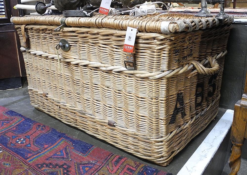 Large Antique Rattan Trunk with Brass Lock & Key, 20" x 36". (1 of 1)