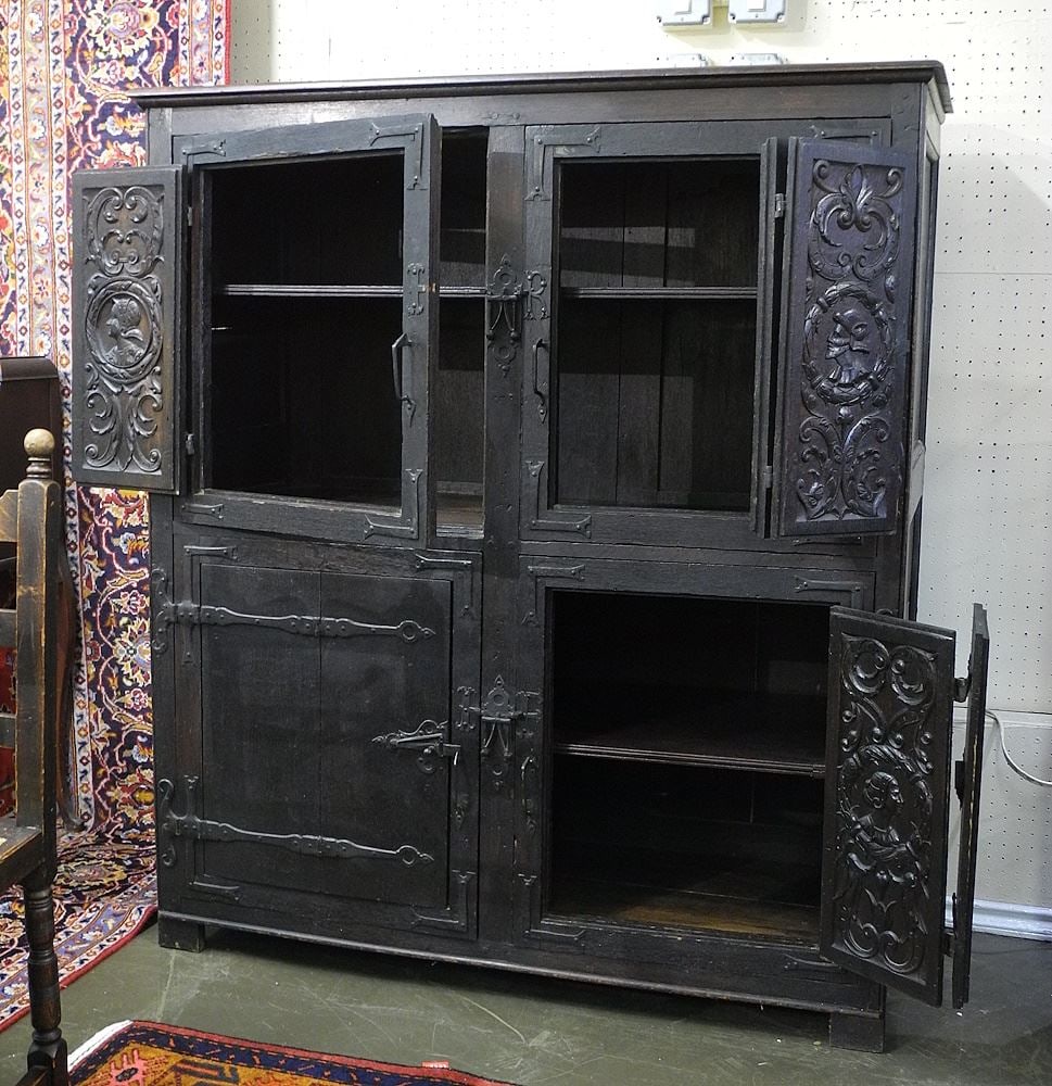 Antique Oak Cupboard with Iron Strapwork, 59 1/2"h x 52"w x 22"d. (1 of 3)