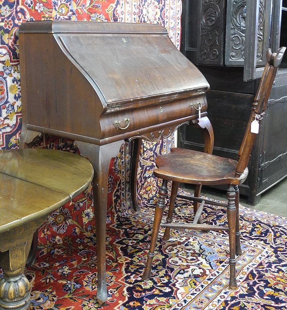 C.1900 Mahogany Fall Front Bureau & Hardwood Spindle Chair, 41" & 37 1/2 ". (1 of 2)