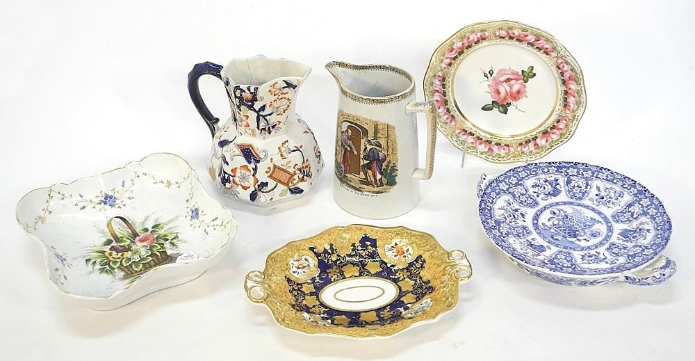 4 x 19th C. Dishes & 2 Pitchers, 9 1/4" - 11 3/4"W (as found). (1 of 2)