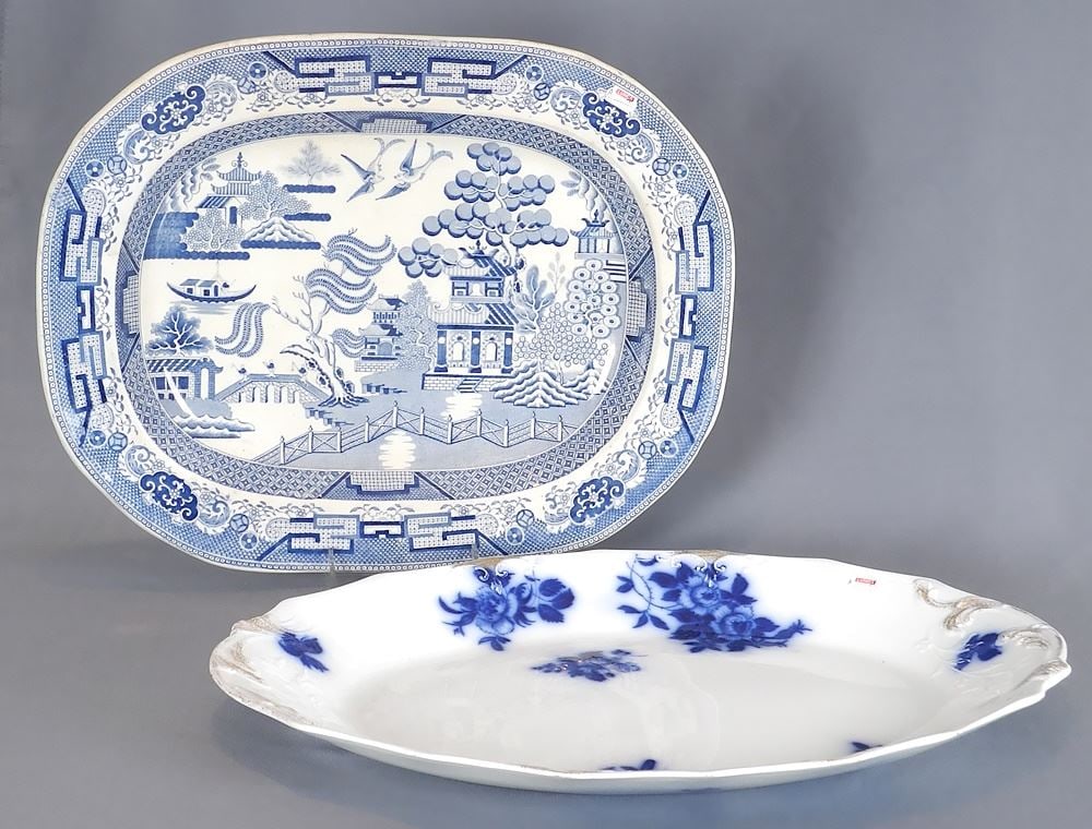 2 Antique Blue & White Platters: Transfer (17 1/2"w) & Flow Blue, 19 1/4"w. (1 of 3)