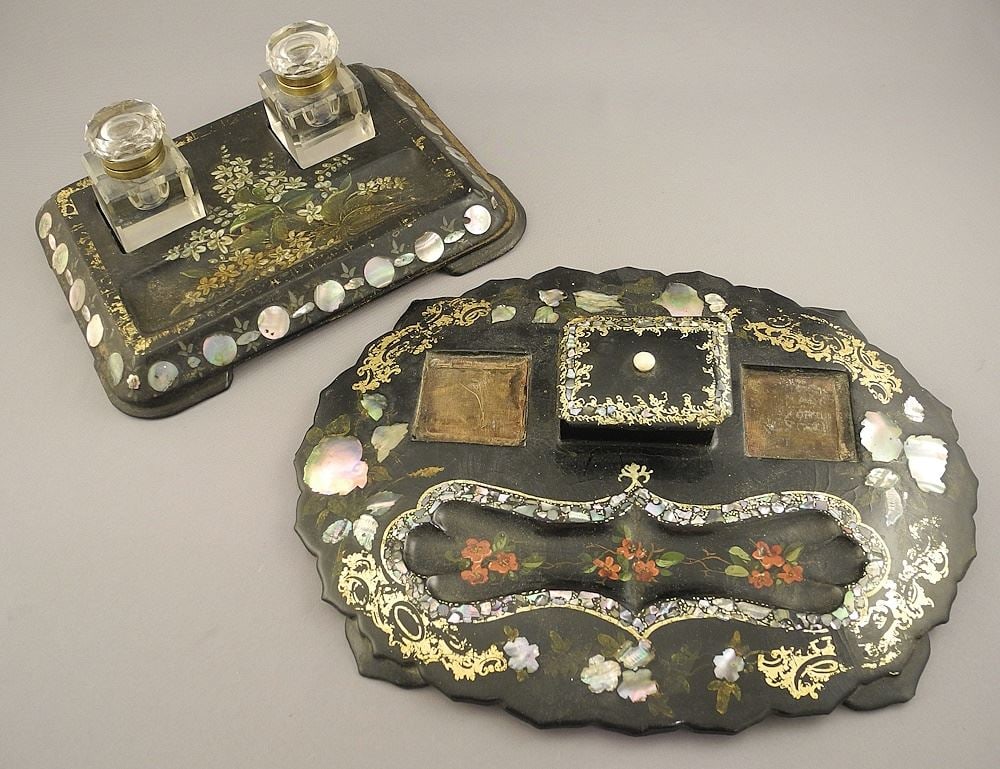 2 French Papier Mache Inkwells with Mother of Pearl (2 bottles), 9" x 11 1/4". (1 of 4)