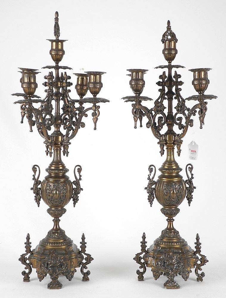 Pair of Baroque Copper Alloy 5 Socket Candelabra, 23 1/2" (1 bobeche missing). (1 of 4)
