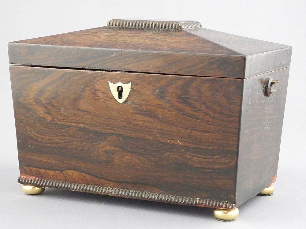 Rosewood Tea Caddy with Later Brass Bun Feet, 8 1/4"w (handles noted).: Rosewood Tea Caddy with Later Brass Bun Feet, 8 1/4"w (handles noted).