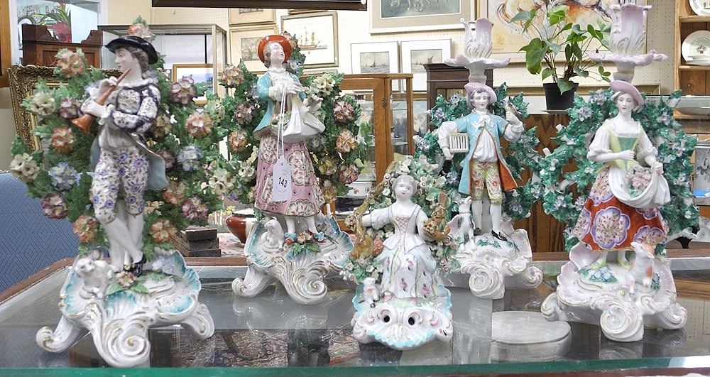 Two Pair of 19th C. Porcelain Figurines Within Bocages, 3 1/4" - 8 1/2"h & Single Figurine. (1 of 9)