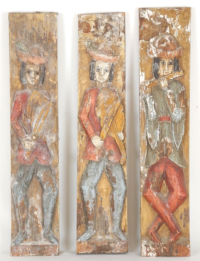3 European Carved & Painted Wood Musicians Panels, Approx. 21" x 4 1/4" x 1 5/8". (1 of 1)