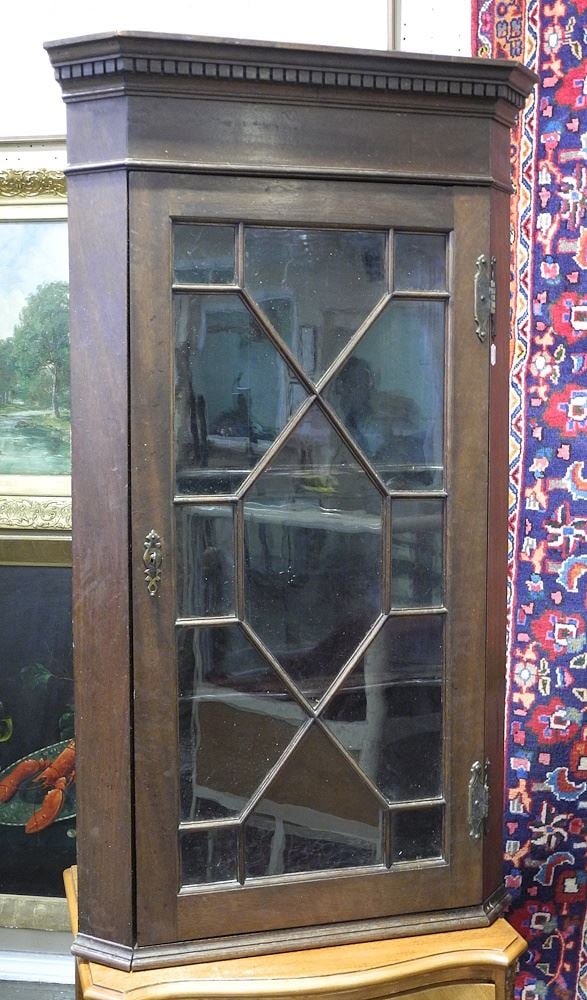 Narrow Astragal Glazed Dentilled Mahogany Corner Cupboard, 35 3/8"h.: Narrow Astragal Glazed Dentilled Mahogany Corner Cupboard, 35 3/8"h.