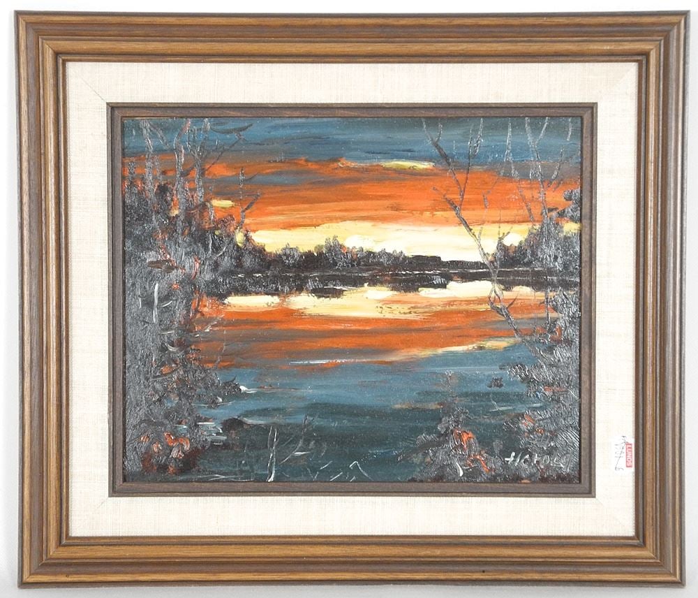 Oil on Board signed (Hans) Herold, 7 1/2" x 9 1/2", "Sunset Over Lake". (1 of 4)