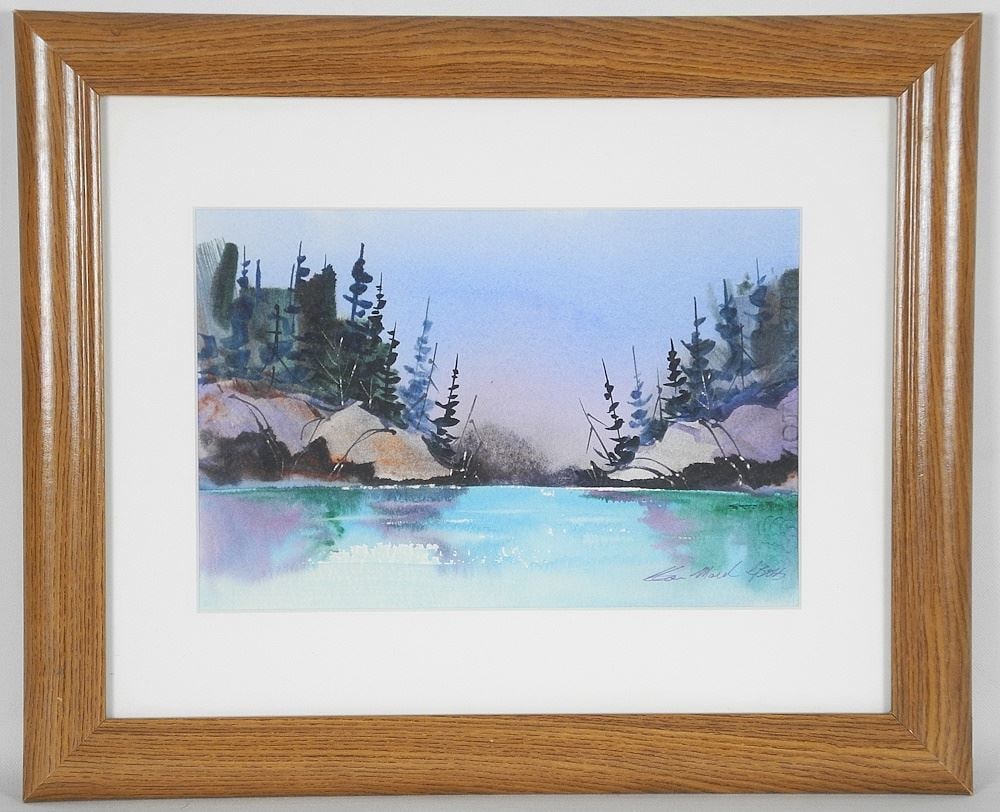 Watercolour signed Alan Mark Cross, 6 7/8" x 10 3/8", 'Hidden Lake'.: Watercolour signed Alan Mark Cross, 6 7/8" x 10 3/8", 'Hidden Lake'.