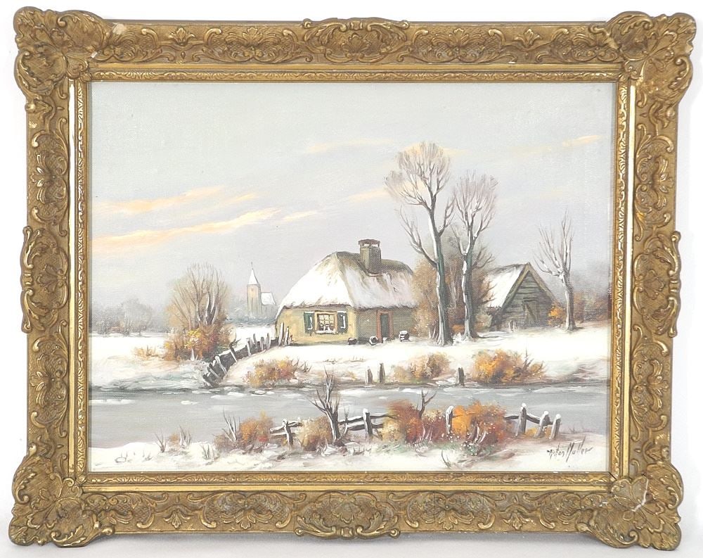 Oil on Canvas signed Anton Muller, 12" x 16", "Dutch Winter Scene".: Oil on Canvas signed Anton Muller, 12" x 16", "Dutch Winter Scene".