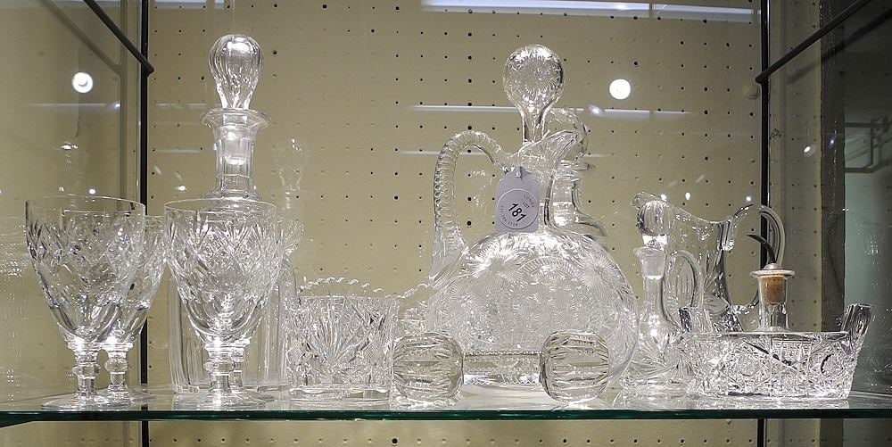 Collection of Crystal Wares: 3 Decanters (1 Waterford) / Cruet Set / Webb Corbett Cups. (1 of 2)