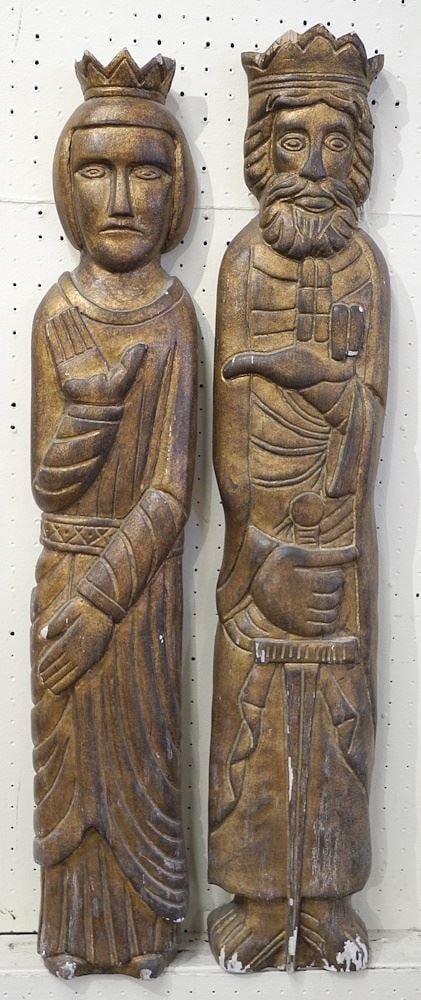 Pair of Catalda Fine Arts Inc. Hand Carved 'King' & 'Queen' Pilasters, Approx. 37" x 7" x 2 3/4".: Pair of Catalda Fine Arts Inc. Hand Carved 'King' & 'Queen' Pilasters, Approx. 37" x 7" x 2 3/4".
