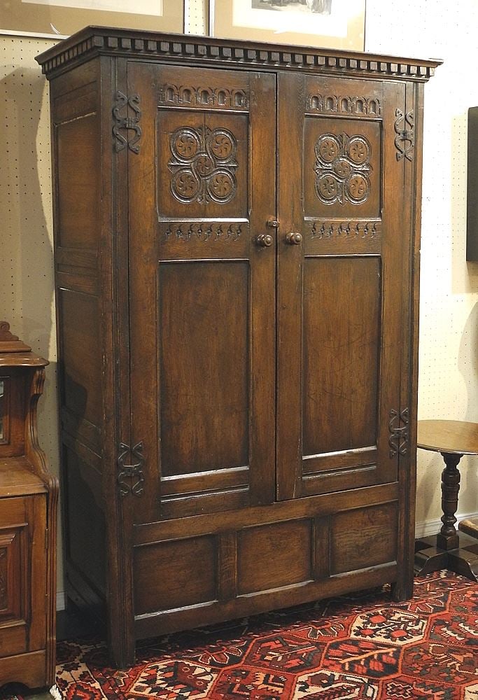 Antique Carved Oak Double Door Cupboard, 69"h x 45"w x 20"d. (1 of 4)