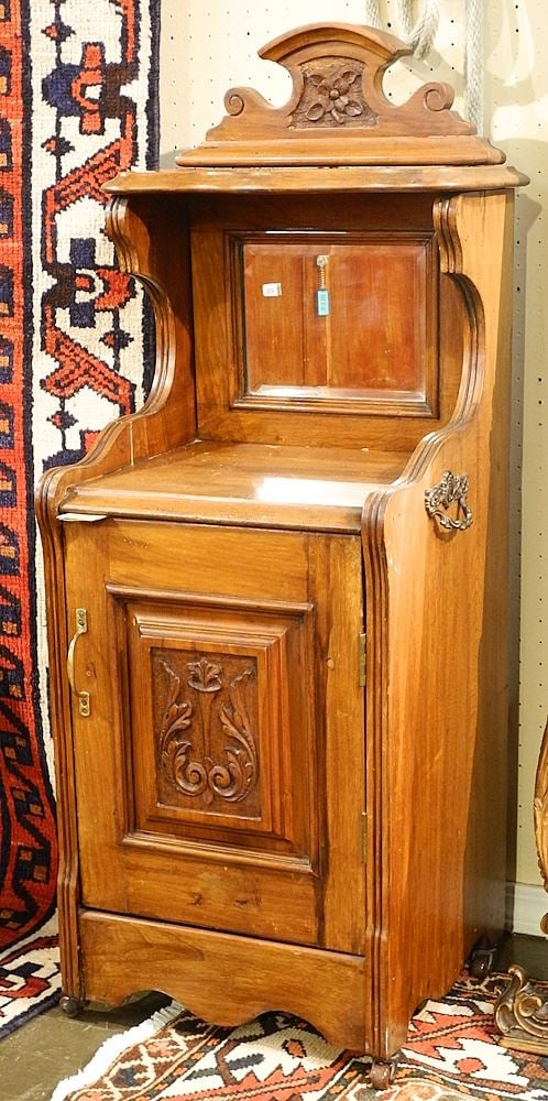 Mahogany Nightstand with Inset Mirror & Carved Door, 41 1/4"h.: Mahogany Nightstand with Inset Mirror & Carved Door, 41 1/4"h.