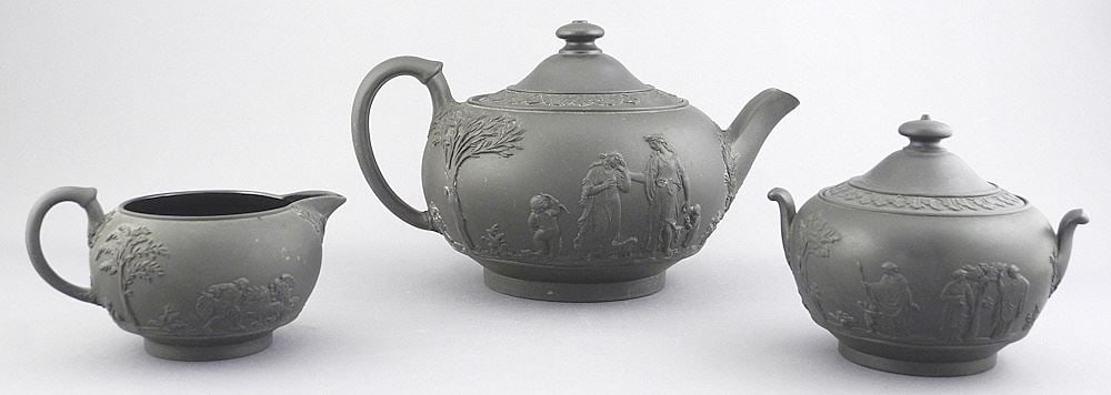 Wedgwood Basaltes Teapot (8"), Cream & Sugar.: Wedgwood Basaltes Teapot (8"), Cream & Sugar.