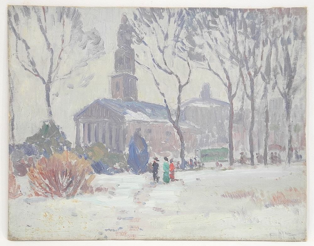 Oil on Canvas Mounted on Board signed (Edgar Hewitt) Nye, 11" x 14" , "Winter Scene with Churc (1 of 3)