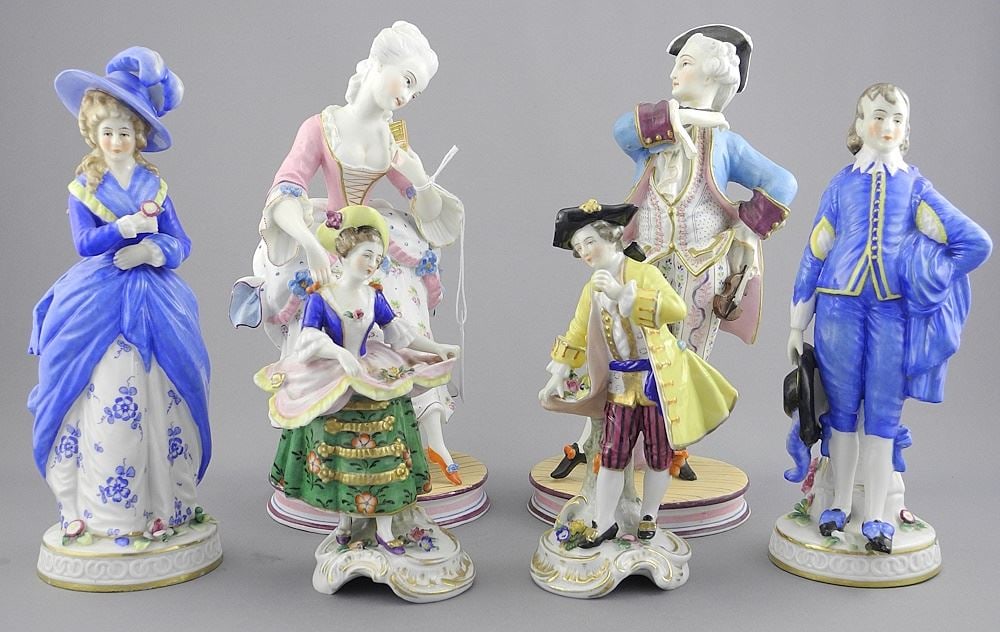 3 Pairs of Figurines: Chelsea / Bisque, Tallest 9 1/2".: 3 Pairs of Figurines: Chelsea / Bisque, Tallest 9 1/2".