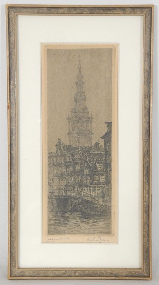 Etching signed Anton Pieck, Plate 7 1/4" x 2 5/8", "Southern Church Tower Amsterdam". (1 of 4)