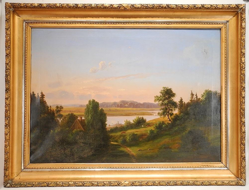 19th C. Scandinavian Oil on Canvas signed Indistinctly, 26 1/4" x 37 1/2", "Farm Scene...". (1 of 3)