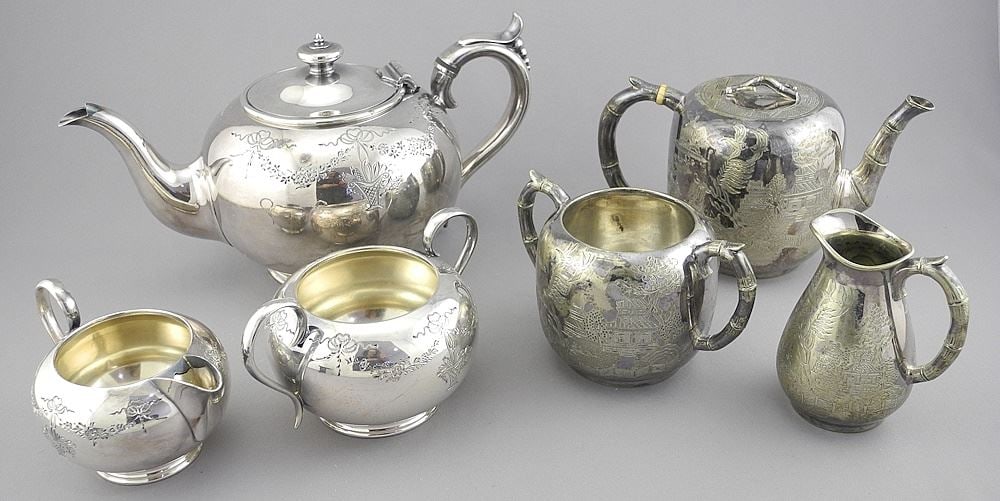 Two Silver Plated Tea Sets: Chinoiserie & Wilkerson, Victoria BC , 6 Pieces. (1 of 6)