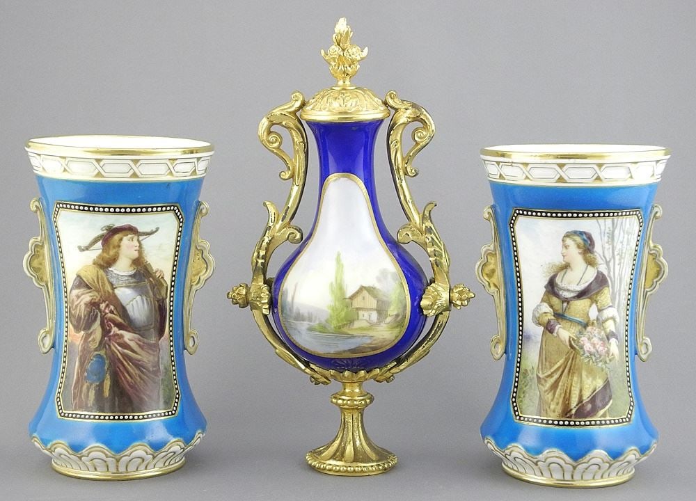 19th C. Assembled China Garniture, Unmarked, 6 1/8" - 8 5/8"h.: 19th C. Assembled China Garniture, Unmarked, 6 1/8" - 8 5/8"h.