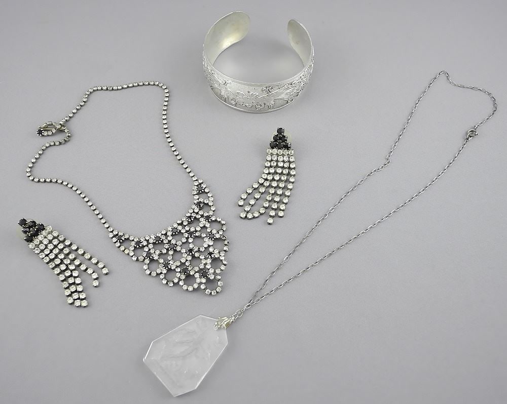 Vintage Rhinestone Necklace & Earrings / Silver (tested) Cuff Bracelet, 32g & Pendant. (1 of 3)