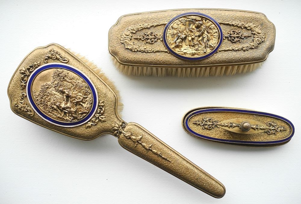 Three Piece French Repousse and Enameled Dresser Set, (1 of 2)