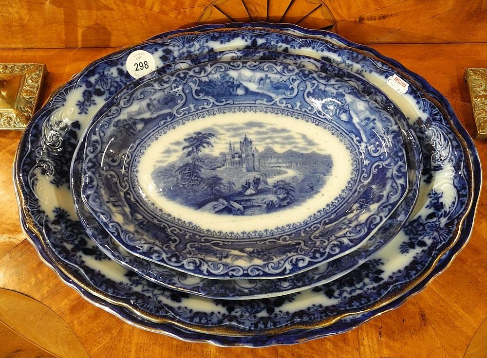 Four Flow Blue China Platters, 11 1/8" - 16 3/4"w. (1 of 1)