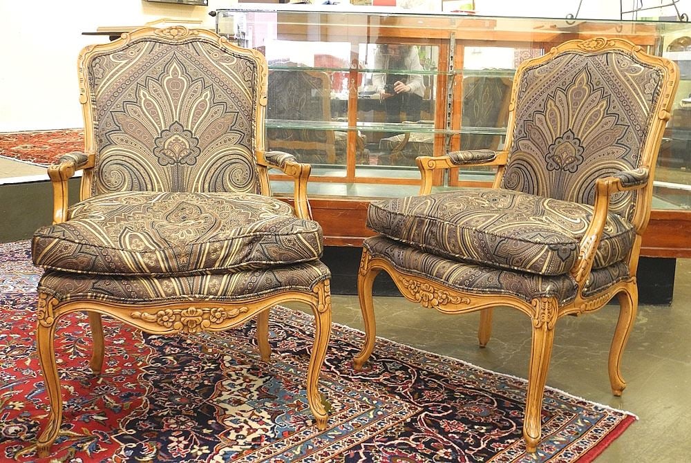 Pair of Louis XV-Style Fruit Wood Bergere Chairs, 37 3/4"h.: Pair of Louis XV-Style Fruit Wood Bergere Chairs, 37 3/4"h.