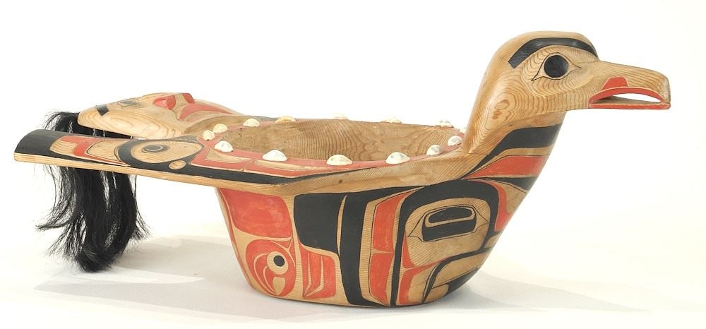 Carved & Painted Raven Bowl signed Terry Jackson'75, 20".: Carved & Painted Raven Bowl signed Terry Jackson'75, 20".