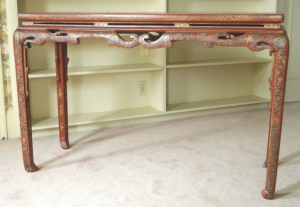 Chinese Red Lacquered Gold Painted Altar Table, 51" x 19" x 33 1/2"h. (1 of 11)