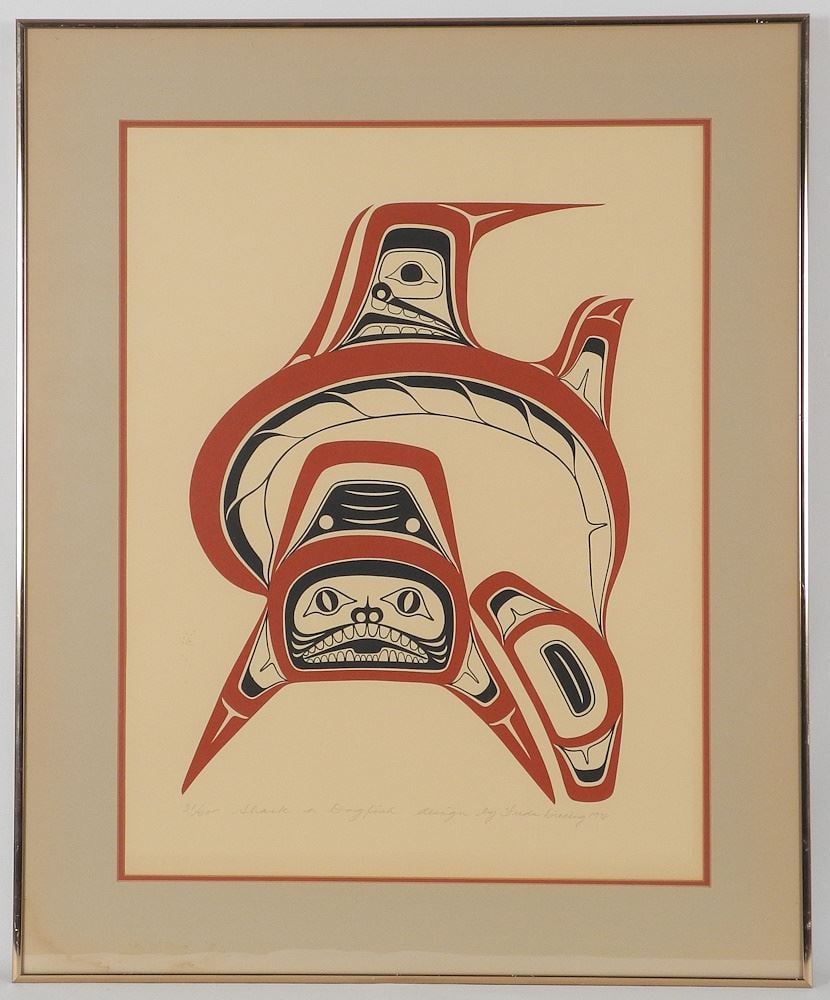 Haida Serigraph Design by Freda Diesing 1978, 22" x 17", "Shark of Dogfish" #31/200. (1 of 3)