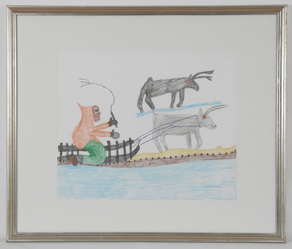 Colour Pencil Drawing signed with Syllabics (Mary Ayaq Anowtalik), 14" x 17", "Caribou Hauling Sl: Colour Pencil Drawing signed with Syllabics (Mary Ayaq Anowtalik), 14" x 17", "Caribou Hauling Sl