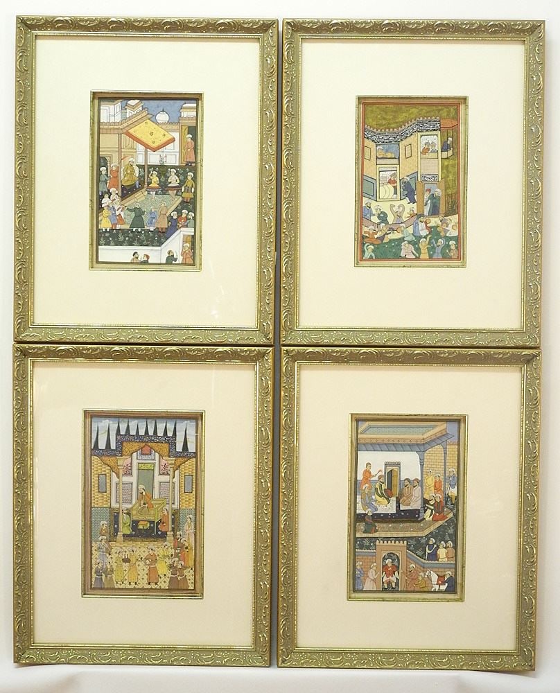 4 Persian Miniature Paintings, 9" x 5 3/4", "Court Scenes". (1 of 6)