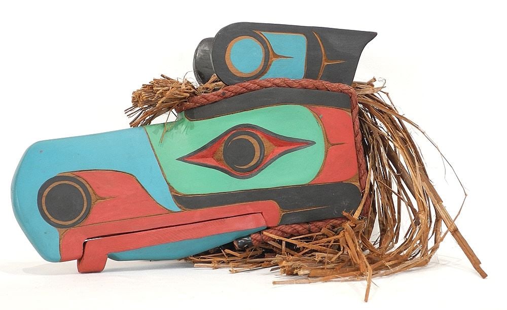 Kwagiulth Articulated "Kolus" Mask signed Sam Shaughnessy, 11 1/8" H. x 17" L. x 6" W.: Kwagiulth Articulated "Kolus" Mask signed Sam Shaughnessy, 11 1/8" H. x 17" L. x 6" W.