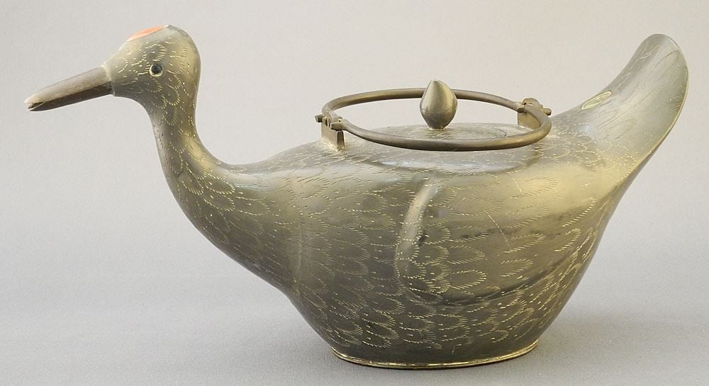 Chinese Pewter "Duck" Tea Pot with Hardstone Inlay, 10 1/4"L.: Chinese Pewter "Duck" Tea Pot with Hardstone Inlay, 10 1/4"L.