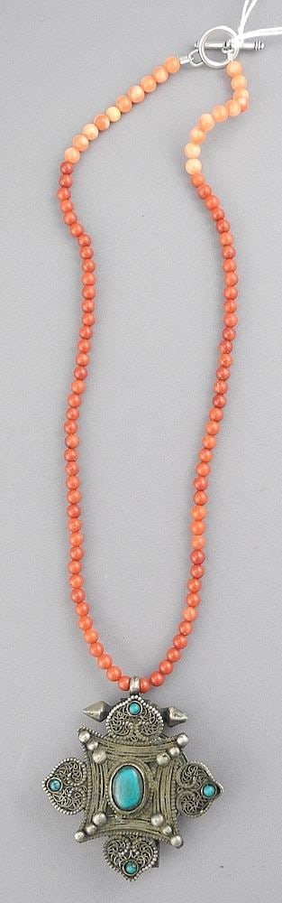 Tibetan Silver Alloy Gau Pendant (2 1/4") with Coral Necklace, 19"L.: Tibetan Silver Alloy Gau Pendant (2 1/4") with Coral Necklace, 19"L.