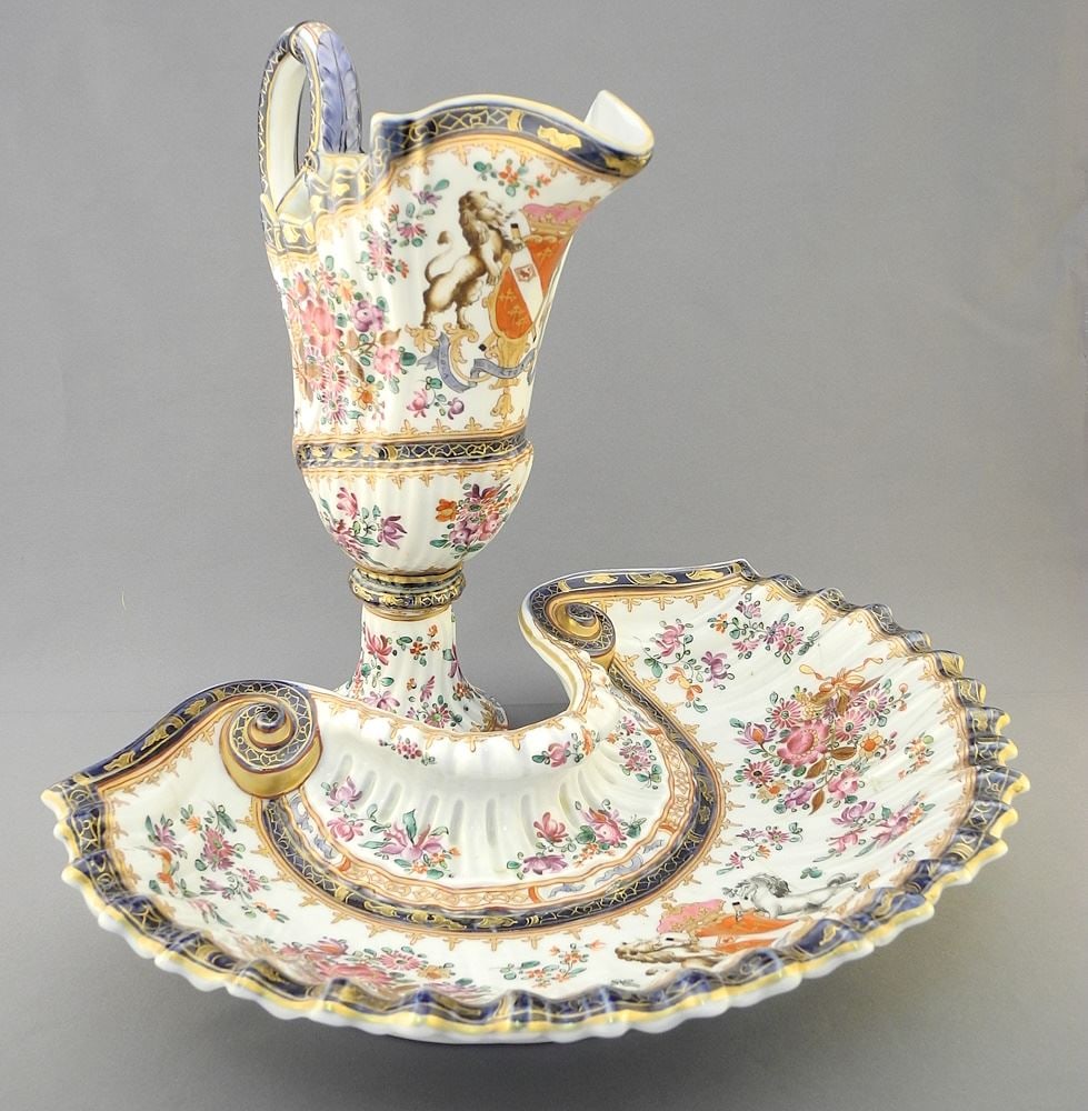 18th C. Chinese Export Porcelain Armorial Pitcher & Shaving Bowl, 12 1/8"h., restored. (1 of 10)