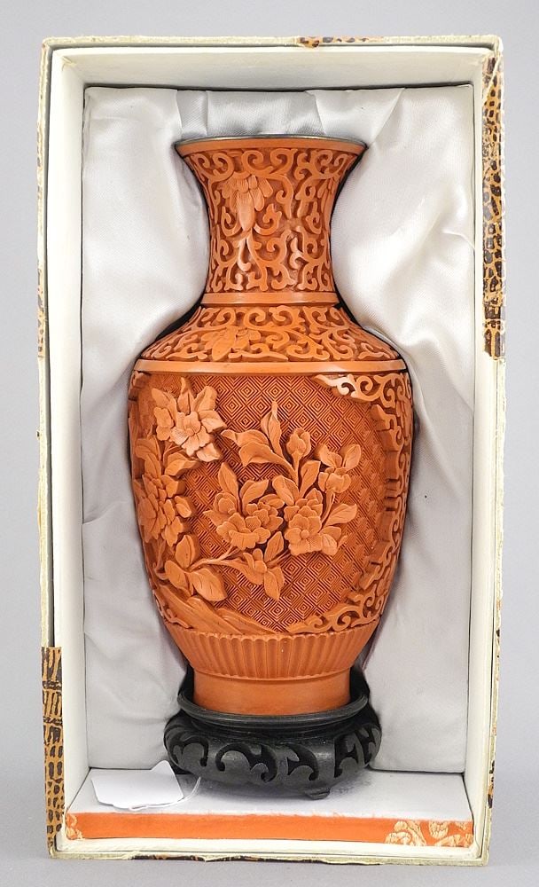 Chinese Cinnabar Lacquer Vase (8"h) with Stand & Case. (1 of 4)