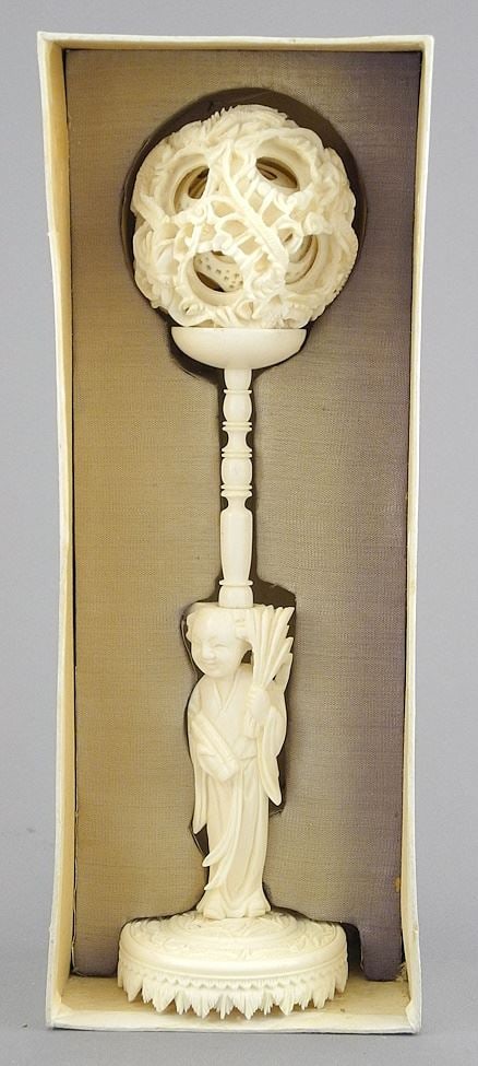 Chinese Carved Puzzle Ball on Figural Stand (8 5/8"h) with Case, NO EXPORT. (1 of 5)