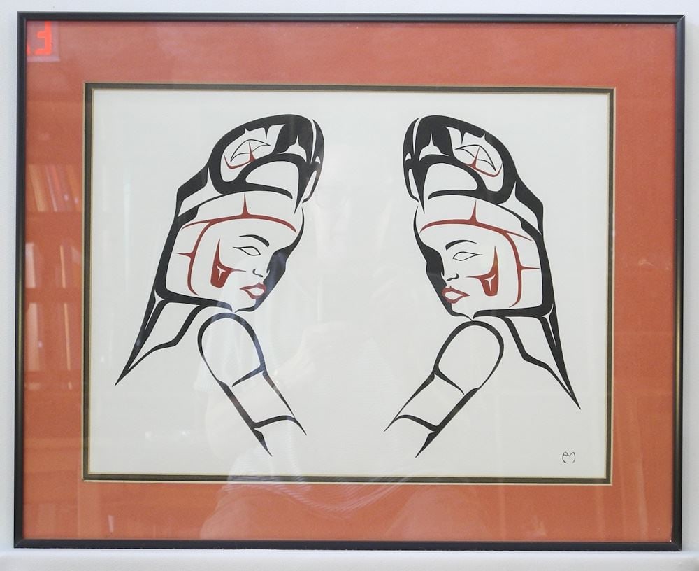Nuxalk Serigraph Monogrammed AM (Alvin Mack), 11 1/2" x 15 5/8", "Mirrored Figure".: Nuxalk Serigraph Monogrammed AM (Alvin Mack), 11 1/2" x 15 5/8", "Mirrored Figure".