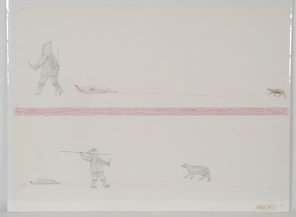 Coloured Drawing signed with Syllabics Peter Aningmiuq, 18" x 24" , "Arctic Life".: Coloured Drawing signed with Syllabics Peter Aningmiuq, 18" x 24" , "Arctic Life".