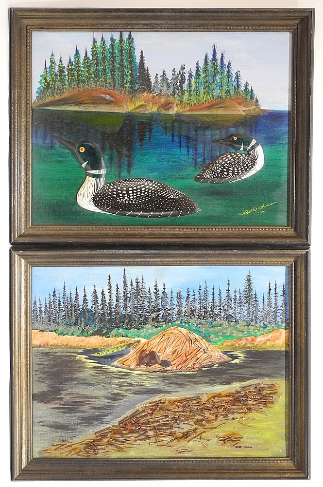 Two Mixed Media on Board signed N. (Noel) Ducharme, 18" x 24", "Common Loons" & "Beaver Dam". (1 of 9)