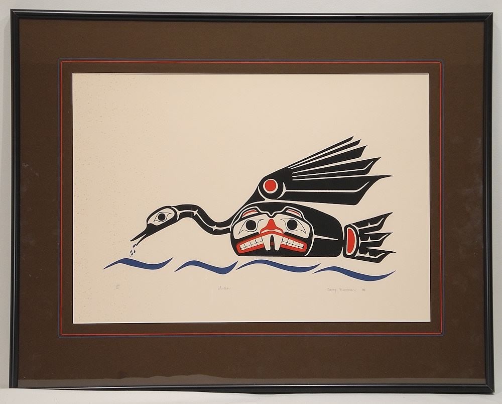 Kwagiulth/Salish Serigraph signed Caley Newman'88, 12 1/2" x 18", "Swan" #64/75 (spotting no: Kwagiulth/Salish Serigraph signed Caley Newman'88, 12 1/2" x 18", "Swan" #64/75 (spotting no