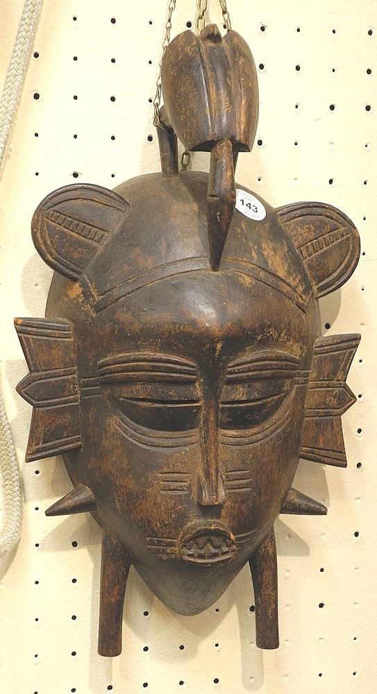 Carved Wooden Ivory Coast Mask, 16".: Carved Wooden Ivory Coast Mask, 16".